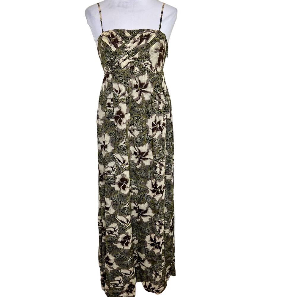 Anthro Edme & Esyllte Maxi Dress w Pockets 2 Women Green Floral Tie Back Pleated